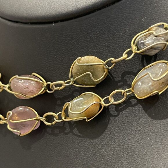 Vintage Artisan Wire Wrapped Semi Precious Stone Cage Necklace Handmade - Picture 5 of 9